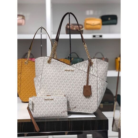 BUNDLE MICHAEL KORS Jet Set Travel Large Chain Shoulder Tote Cell wallet Vanilla - Picture 11 of 12